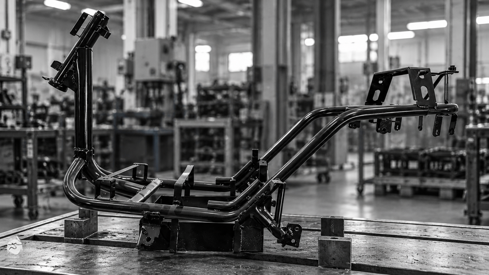 ASHI two-wheeler chassis frame on a fabrication table in the factory