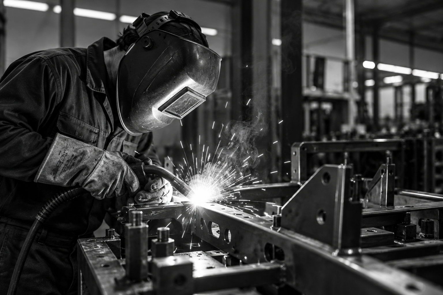 Welder in a protective mask welding a steel frame on a fabrication jig